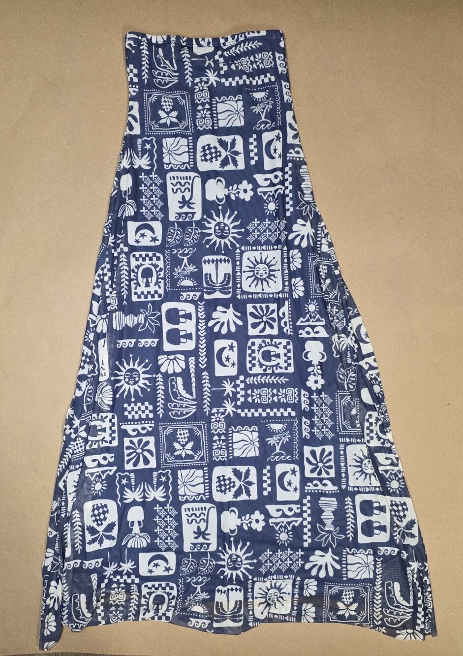 See You Monday Women's Dress Strapless XS Mediterranean Print Blue White Stretch